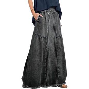 Women Black Retro Elastic High Waist Frayed A-Line Maxi Denim Skirt&Pockets